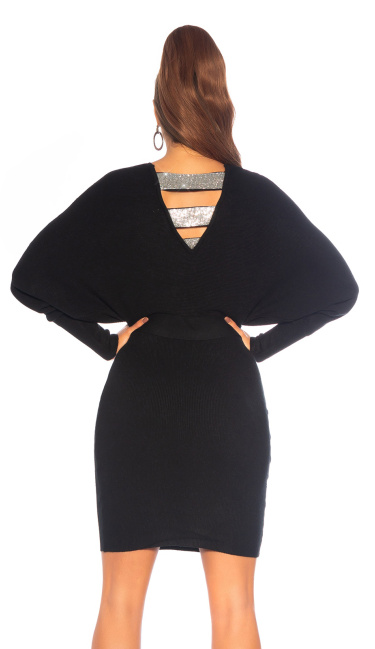 V-Neck Knit Dress with Decorative Buckle Black